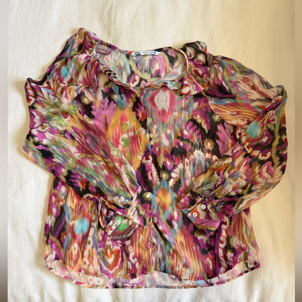 Zara Sheer Ruffle Blouse XS - Picture 2 of 6